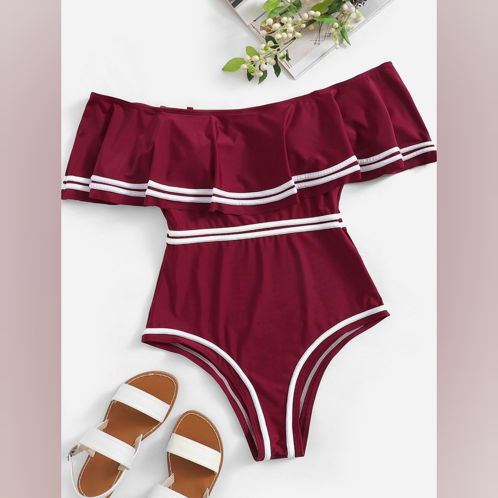 SHEIN Plus Red Striped Off the Shoulder Flounce Bardot One Swimsuit 1X